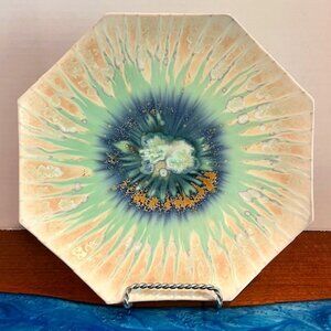 Blue Green Crystalline Octagon Footed Pottery Plate Platter